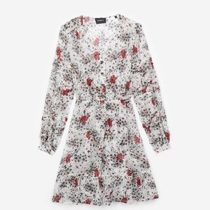 ECRU SILK DRESS WITH FLYING FLOWERS PRINT